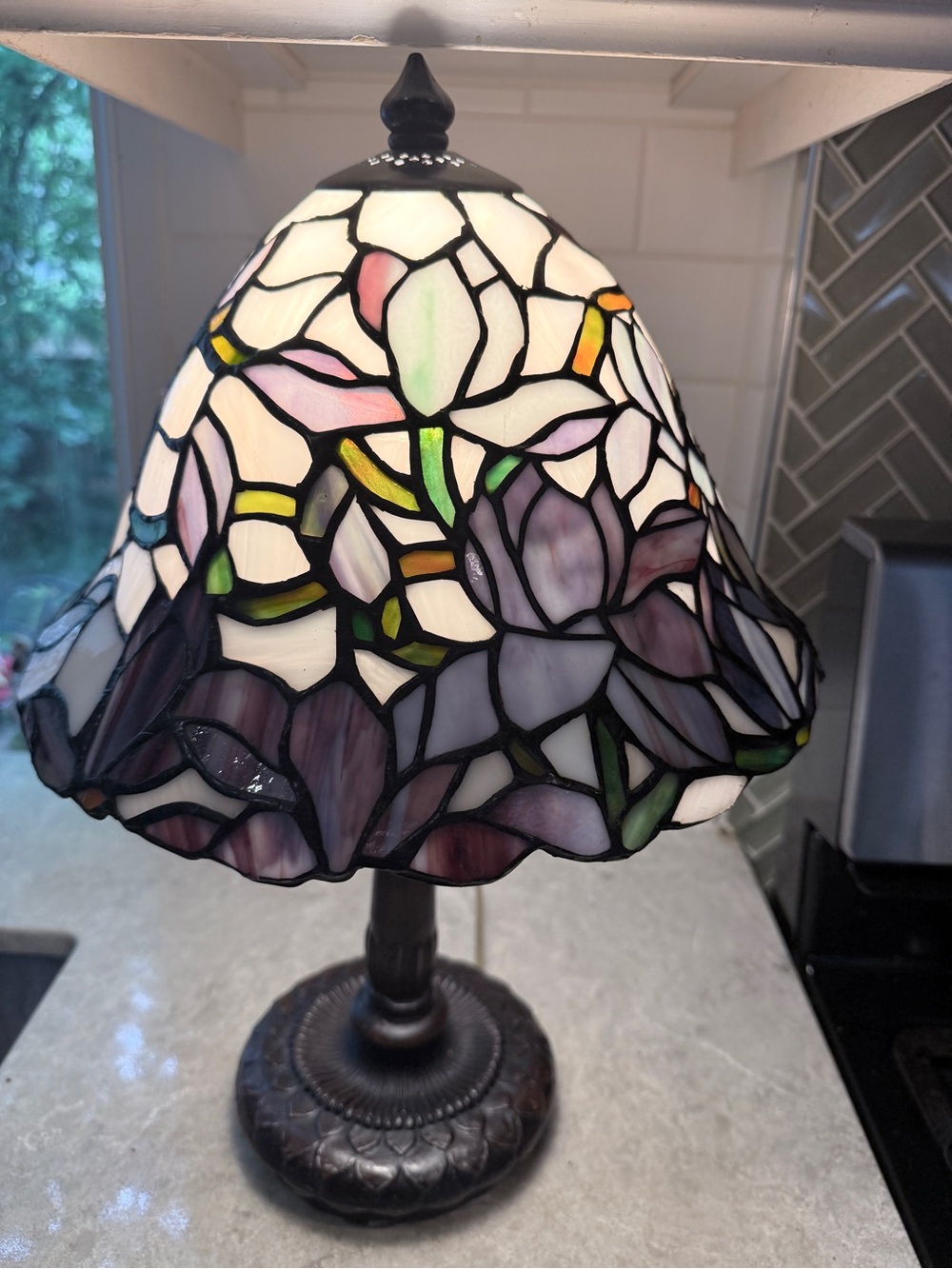 Vintage Tiffany Style Stained Glass Iris Table Lamp - 17" Accent Light Like New!
